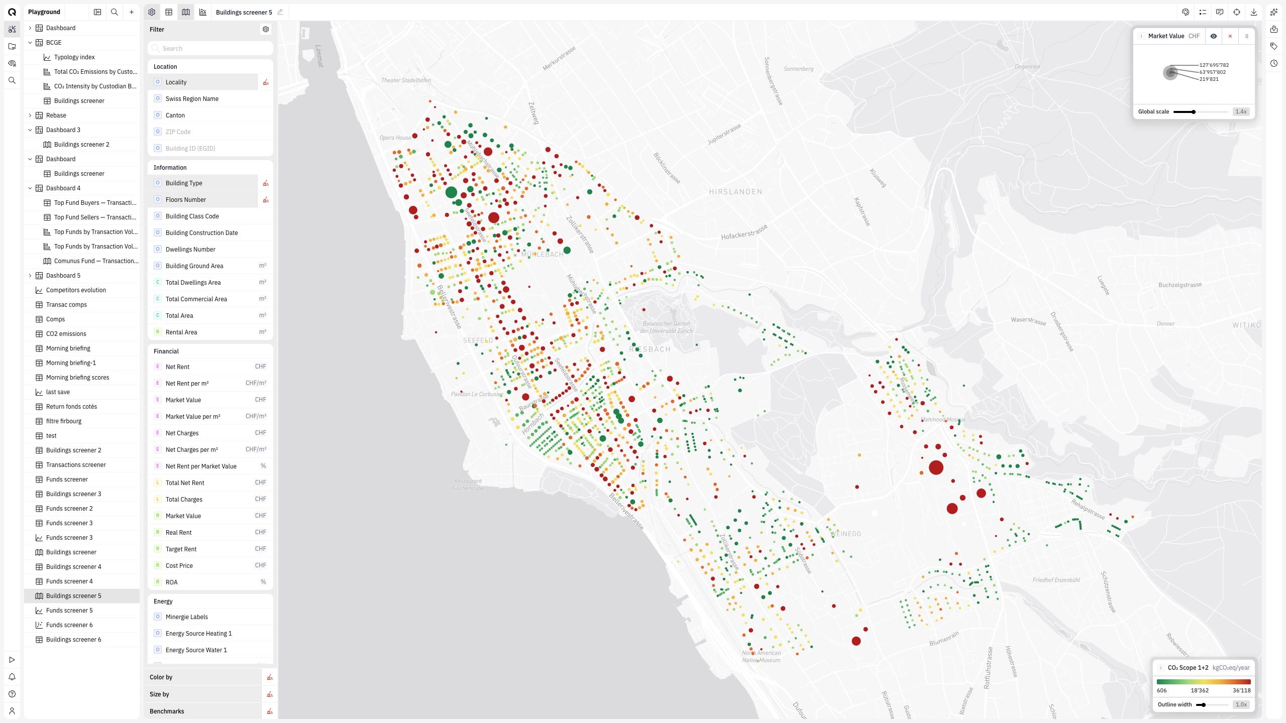 The Quanthome Platform playground mapping buildings, colored by CO₂ and sized by market value.