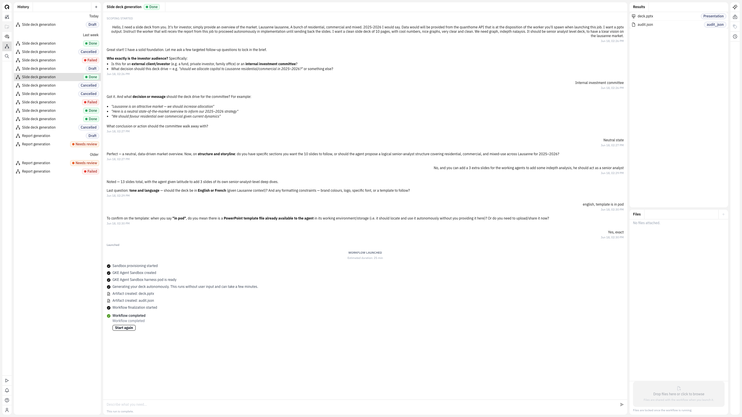 A Quanthome Workflows run — a reporting cycle generated step by step from structured data.