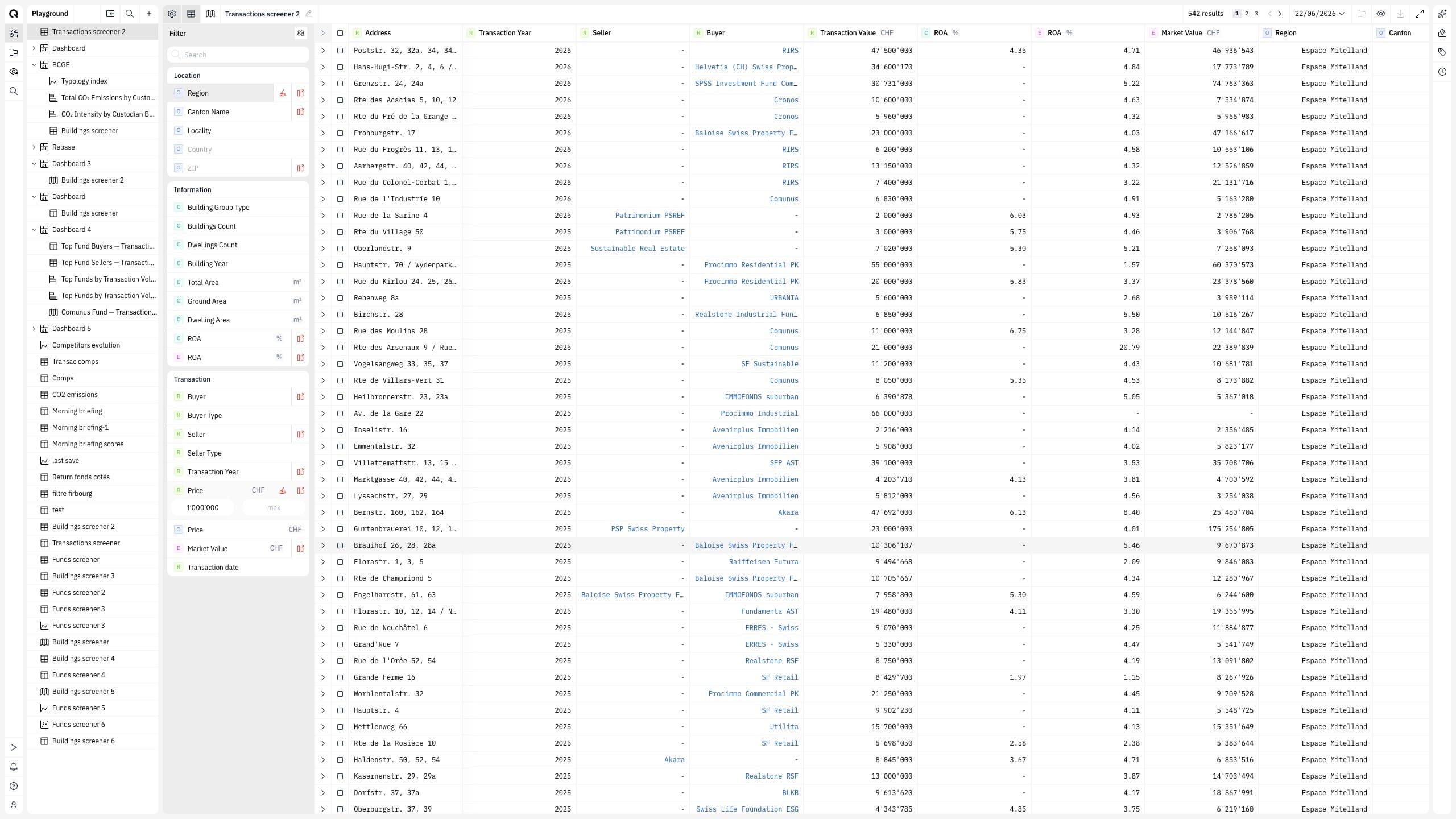 A Quanthome Platform transactions view listing public real estate deals.